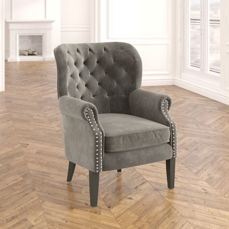 Fauteuil à oreilles en velours capitonné Korin, Velours gris