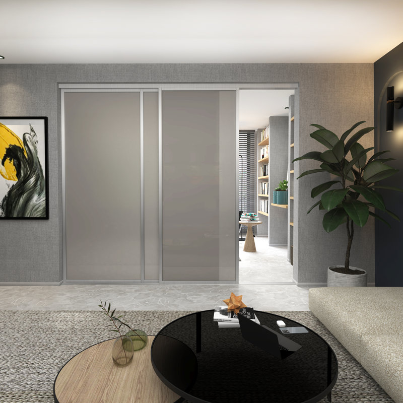 Cloison 3 panneaux coulissants en verre givré fumé - Structure en aluminium avec technologie Silent Glide, 120 po x 80 po