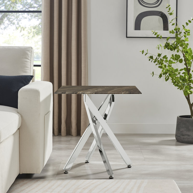 Atal Marble Effect Sofa Side Table - Glass Topped Metal Leg Small Table, Silver Chrome Metal, Gray Marble Effect