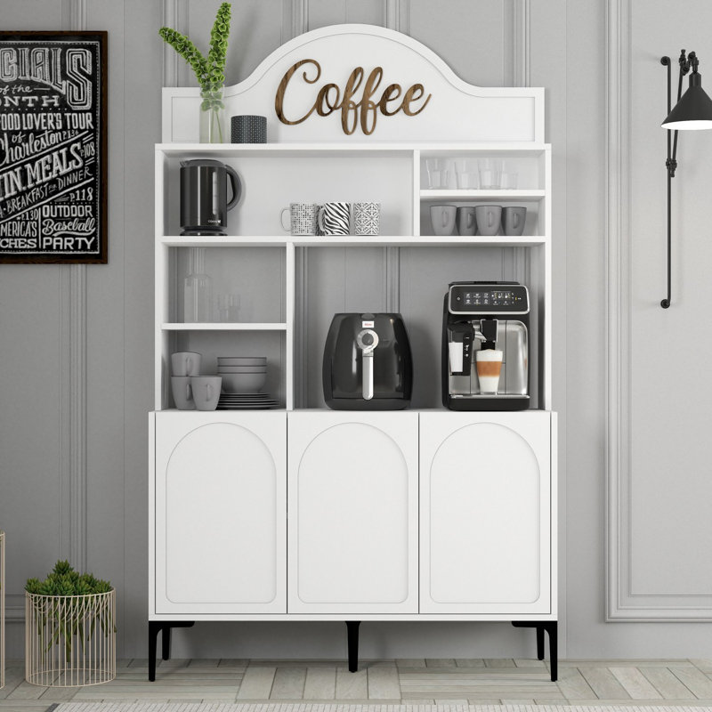 Bar à café moderne, blanc et noir, 47,2 x 79,5 x 13,8 pouces | 100% panneau de particules enduit de mélamine, épaisseur: 0,7 pouce | Nombreuses tablettes pour le rangement, design élégant parfait pour la maison et le bureau