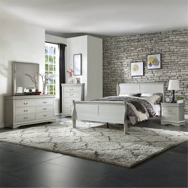 1Pc Traditional Classic 2-Drawers Nightstand Wooden Bedroom Furniture, Silver Duplicate