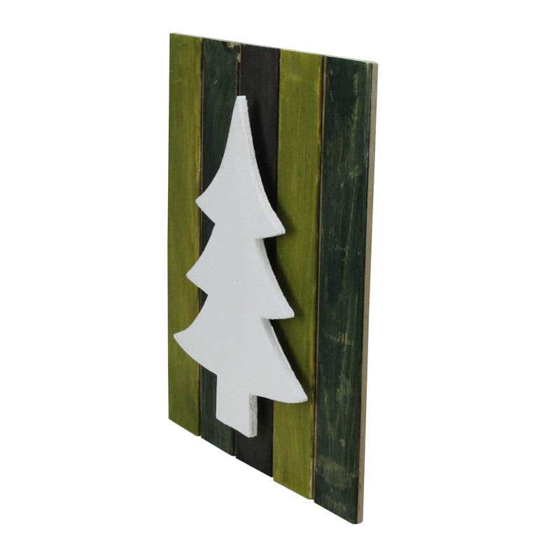 Décoration murale de Noël en forme d’arbre en bois sur fond vert délavé 13 po