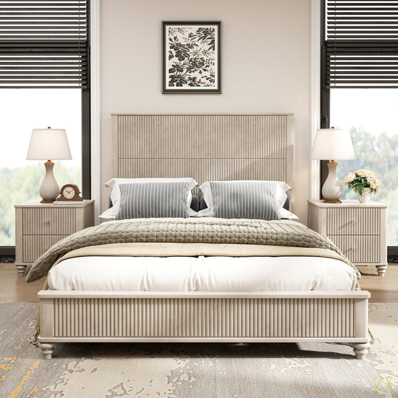 Ensemble de chambre à coucher 3 pièces avec un grand lit et 2 tables de chevet, Queen, Beige