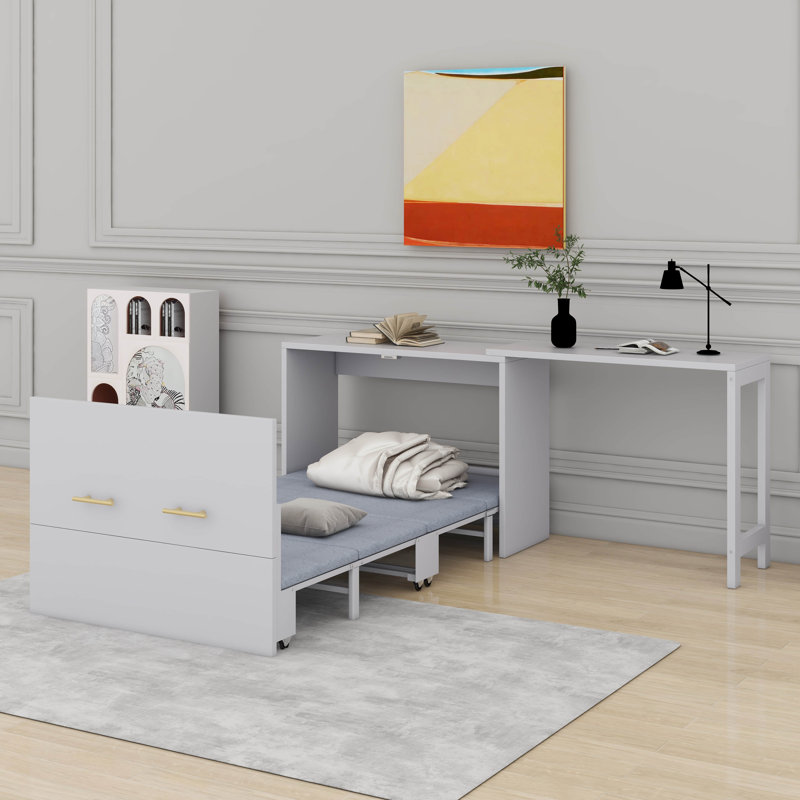 Lit simple escamotable avec commode à hauteur réglable, commode escamotable avec coussin pliable, Gris