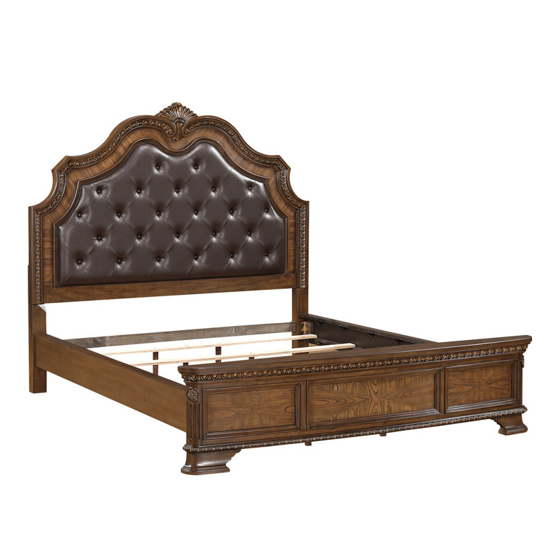 Formal Elegant Design Queen Bed Upholstered Headboard Dark Brown Finish Wooden Traditional Bedroom Furniture 1Pc Intricate Carvings