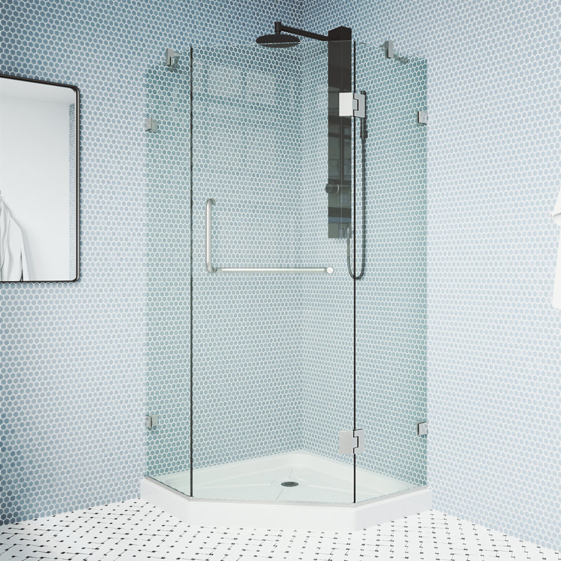 Cabine de douche à charnière sans cadre avec verre transparent 3/8 et base Piedmont l 40 po x P 40 po x H 77 po