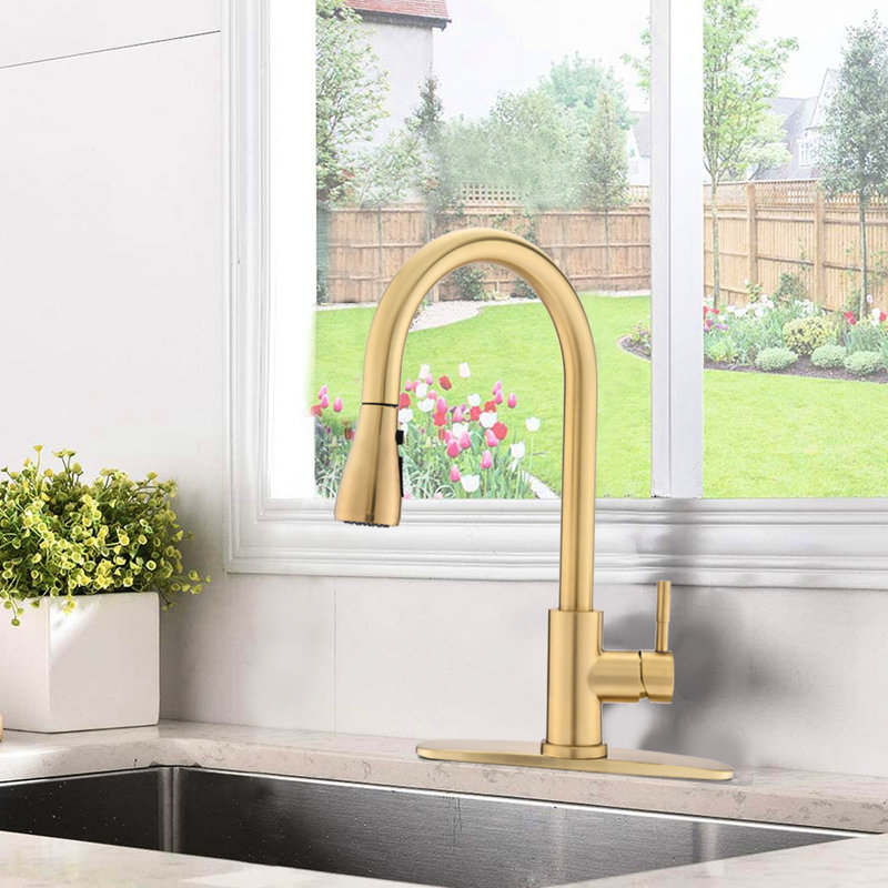 Stainless Steel Kitchen Faucet With Brushed Gold, Scratch- Finish, 1.8Gpm Flow, Pull Down Spray Head, Functional Beauty Gold , Steel, Water Spot Proof, Flow Rate, 360 Swivel Arc, Modern Chic