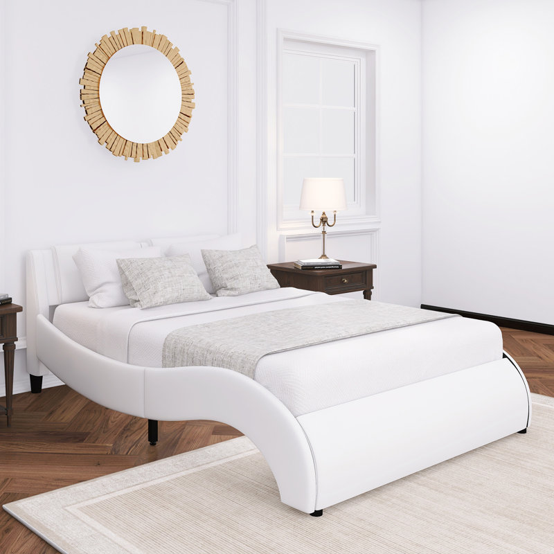 Lit plateforme tapissier en similicuir avec lumière DEL, Blanc, Grand lit