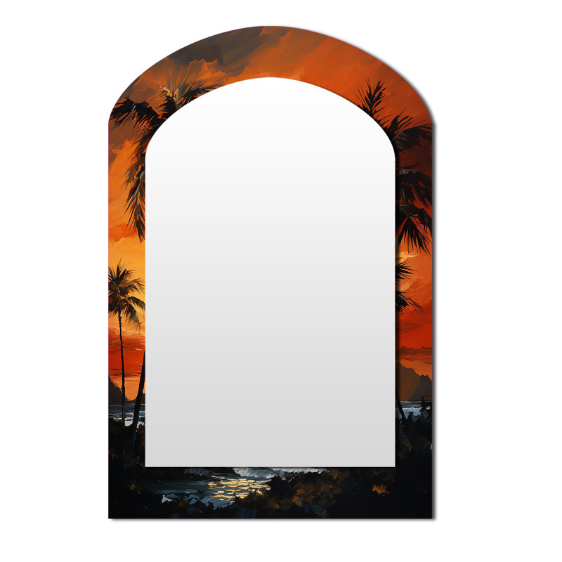 Tangerine Twilight Tropical Tranquility Sunset - miroir mural asymétrique orange unique, miroir arqué traditionnel, impression sur métal