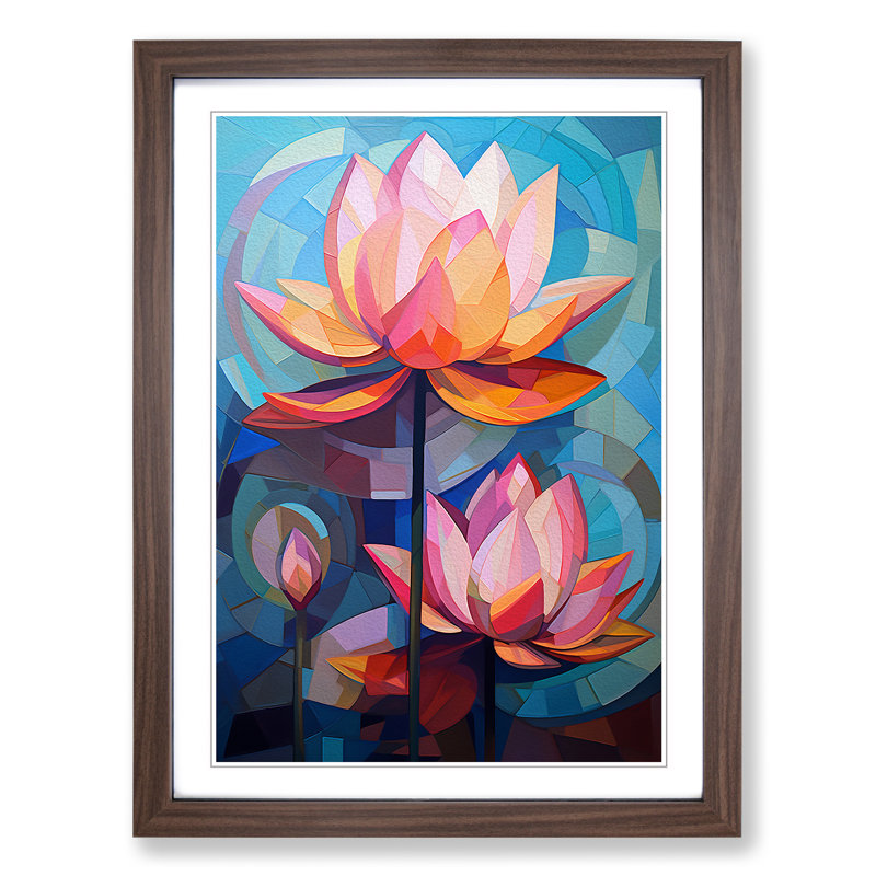 Lotus Flower Cubism No.2 - Single Picture Frame Print on Wood, Walnut Framed, 34cm H x 25cm W x 2cm D
