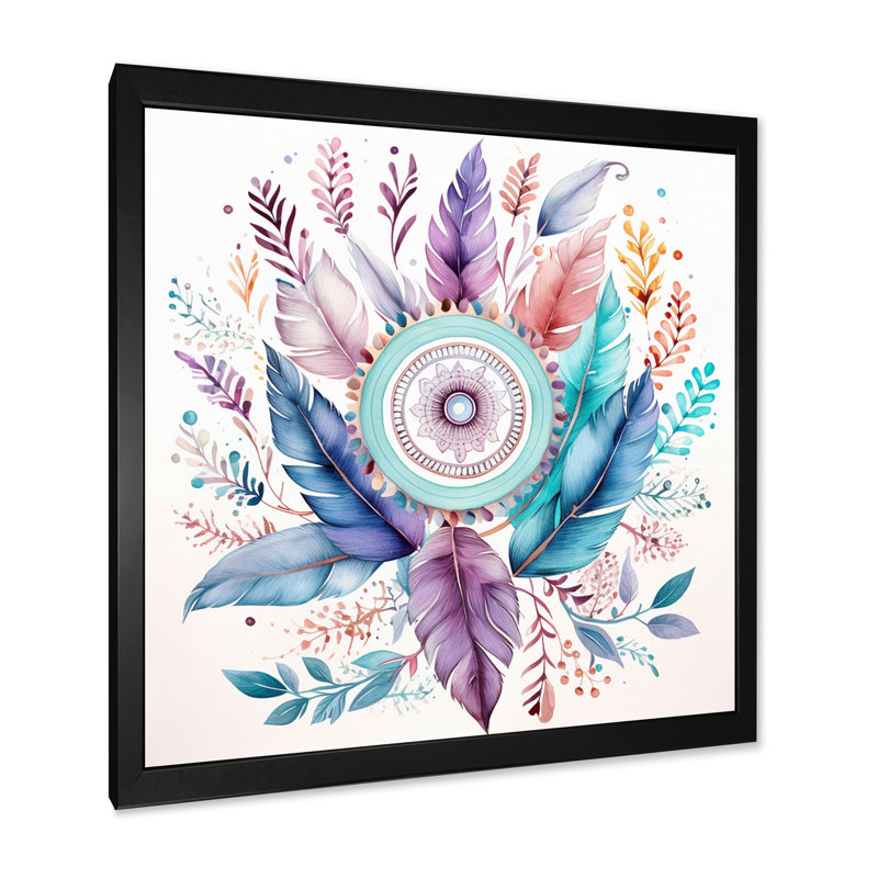 Attrape-rêves pastel turquoise Boho sur toile, H 16 po x l 16 po x P 1 po, Cadre simple noir