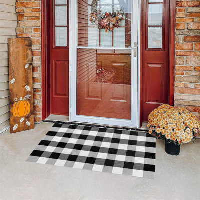 Fall Outdoor Rug Orange Plaid Outdoor Rug Hand-Woven Check Rug Layered Doormats For Front Door/Front Porch/Farmhouses/Entryway/Patio
