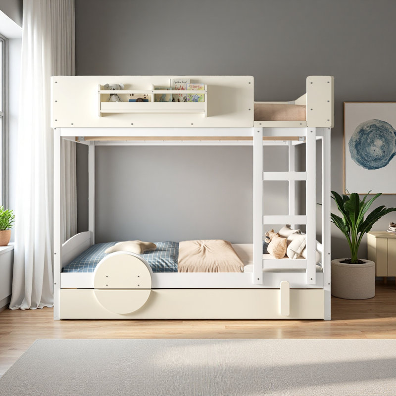 Lit superposé double avec lit gigogne, Beige