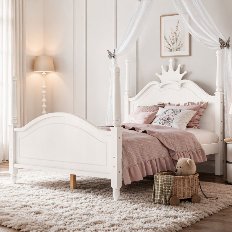 Lit plateforme en forme de couronne avec cadre à baldaquin et tête de lit incurvée, Beige