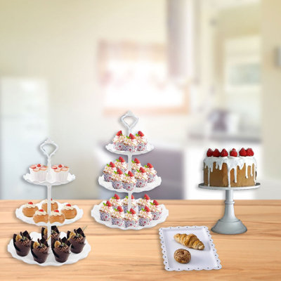 7 Piece Dessert Table Display Set 3 Tier White Dessert Stands Plastic Tiered Cake Stands