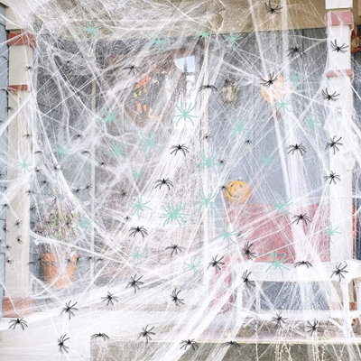 300 Sqft Halloween Spider Web Decorations, With 10 Glow In The Dark+10 Black Fake Scary Spiders, Super Stretch Cobwebs Creepy Halloween Indoor Outdoor Office Party Supplies (300 Sqft Web+20 Spider)