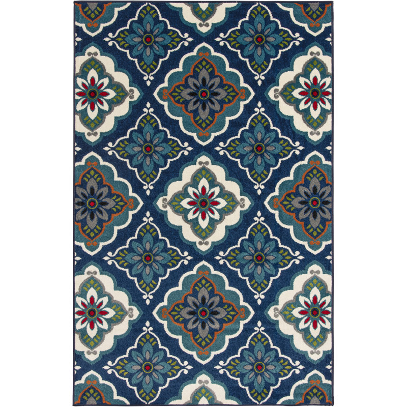 Tapis d'intérieur / extérieur bleu / vert / crème touffeté à la machine Hecht, Rectangulaire 5 pi 3 po x 7 pi 3 po