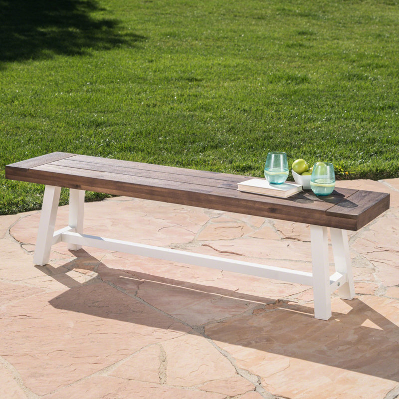 Banc en bois avec finition sablée brun foncé et métal rustique blanc, largeur de 63 po pour l'extérieur, structure en métal
