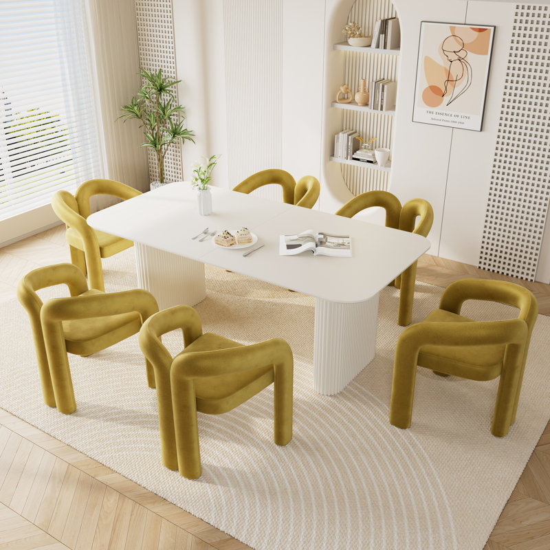 Modern Double Pedestal Dining Table Set, Olive green, 7