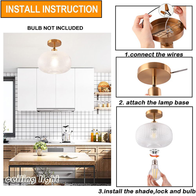 Gold Semi Flush Mount Ceiling Light Fixture,Hallway Light Fixtures,Industrial Close To Ceiling Light,Globe Glass Ceiling Light Fixture,Vintage Ceiling Lamp