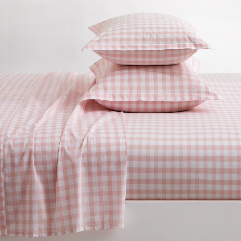 Washed Cotton Gingham Plaid Fitted Sheet Set Set, Full Fitted Sheet +  Standard Shams 2