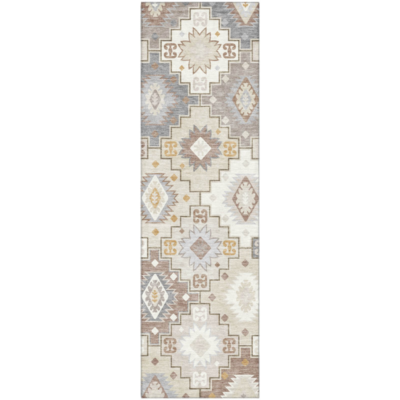 Premium Machine Washable Mayfield  Ethnic Rug, 2'3" x 7'6" Runner, Ivory