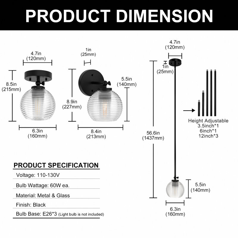 1 - Light Matte Black Single Pendant(3-Pack)