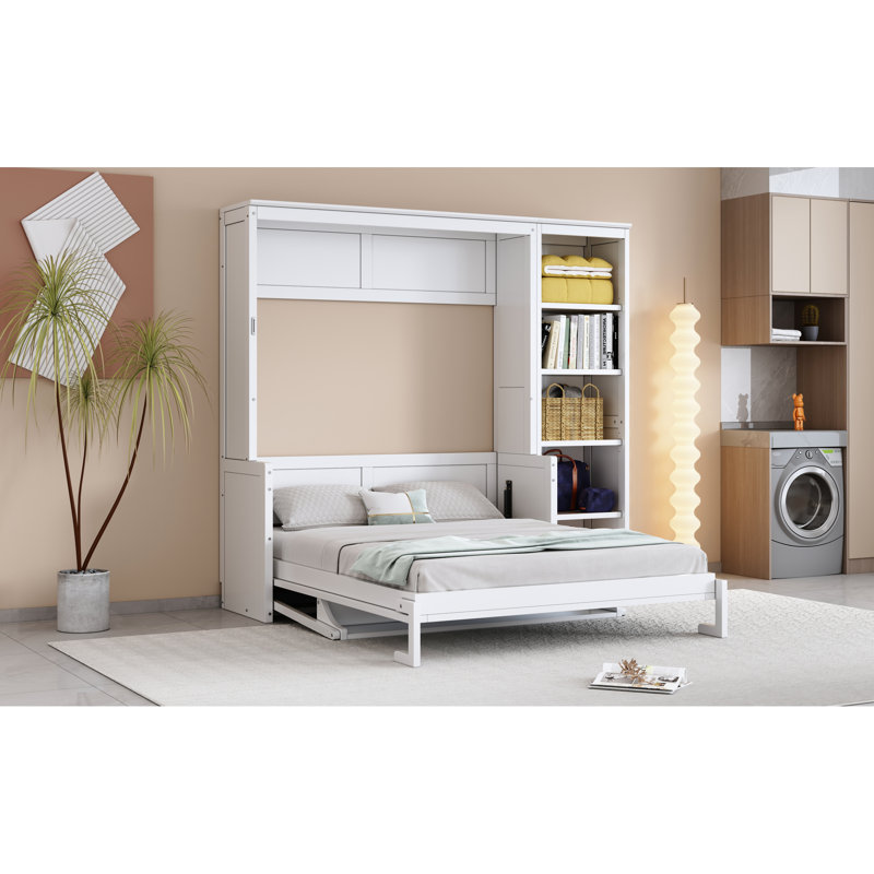 Lit double blanc avec bureau et rangement, bois de pin massif, balles de tennis écoénergétiques, pliable, Lit double, Blanc