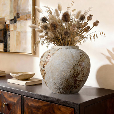 Handmade Ceramic Wide Textured Table Vase, Rustic Style Decorative Vase for Home, Office, Bedroom & Living Room Decor
