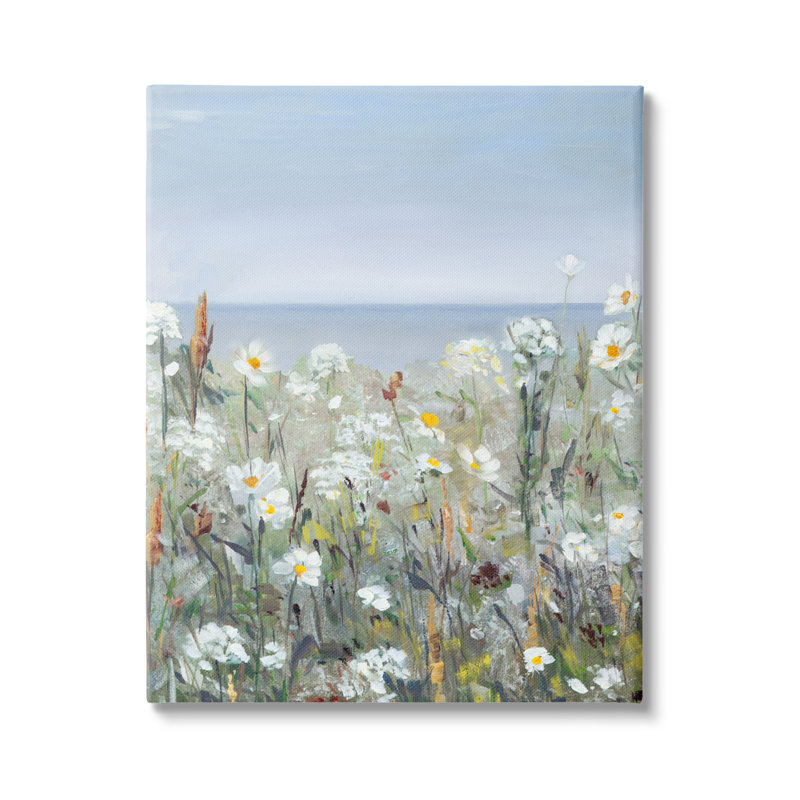 «Pleasant Summer Flower Field Distant Beach Shore», art mural par Sally Swatland, H 20 po x l 16 po x P 1,5 po, Toile tendue