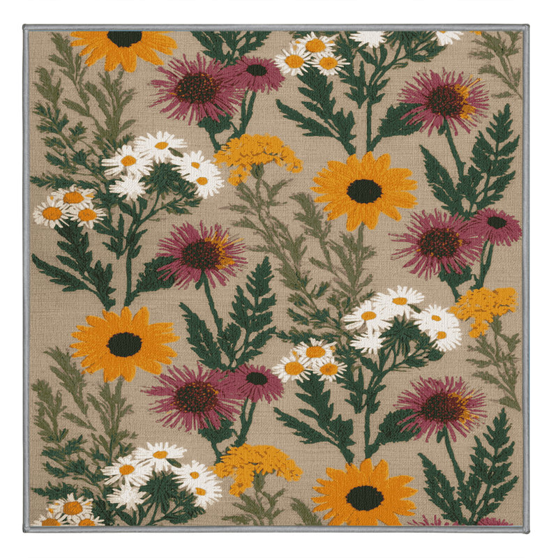 Tapis gris botanique lavable à la machine, Carré 7 pi