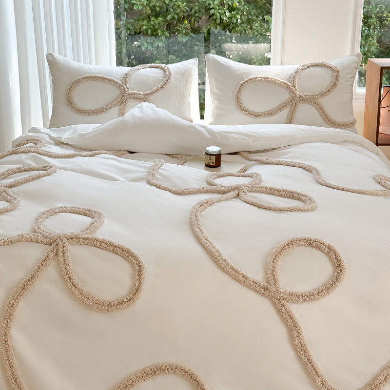 Boho Tufted Embroidered Duvet Cover Set with Zipper and Ties for All Season, Queen Duvet Cover + 2 Pillowcases, White