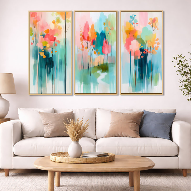 Colourful Abstract Forest – Blue Forest Framed 3 Piece Wall Decor, 40" H x 60" W, Cadre flottant en bois naturel