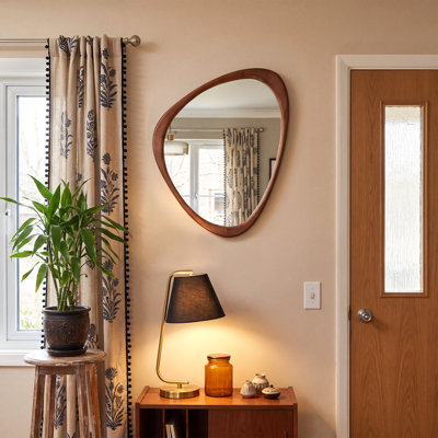 Asymmetrical Accent Decorative Wall Mirror, Solid Wood Frame – Boho Modern Mirror for Entryway or Vanity, 24''×19''