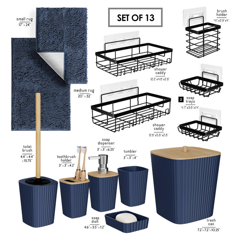 Ensemble complet d'accessoires de salle de bain 13 pièces avec accents en bambou, poubelle, brosse de toilette, 2 tapis de bain et 5 paniers de douche inclus