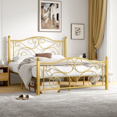 Structure de lit double, lit plateforme en métal avec tête et pied de lit de style parisien, support de lattes robuste, rangement sous le lit, aucun sommier tapissier requis