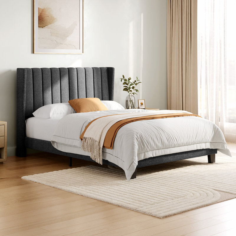 Upholstered Bed Frame with Channel Tufted Headboard, Dark Grey, Kingsize (5')