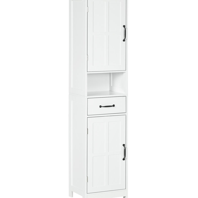 Armoire de rangement pour salle de bain grande et mince - avec tablette ouverte, tiroir, portes encastrées et tablettes réglables