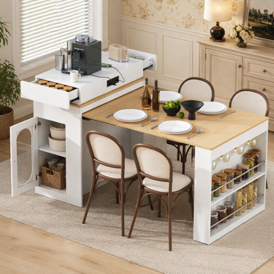 Table de salle à manger extensible avec plateau pliable, table de bar avec tiroirs et prise de courant, îlot de cuisine avec roulettes et crochets, buffet pour la cuisine et la salle à manger (blanc crème et naturel)
