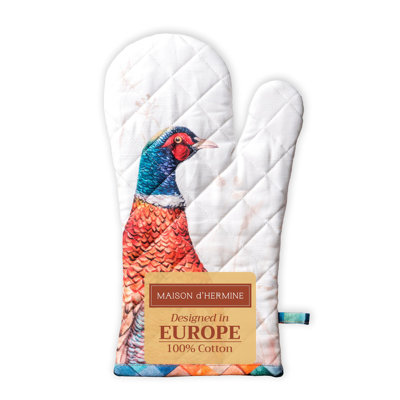 Maison d' Hermine Oven Gloves 100% Cotton Oven Mitt 7" x 13" with Loop Heat Resistant BBQ Cooking Gloves for Thanksgiving Christmas Decorations Baking Handling Hot Pans (Pack of 1, Faisan D'Automne)