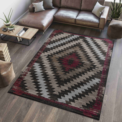 Tapis d'intérieur brun / rouge à motif géométrique brun / rouge 4 pi x 6 pi (3 pi 11 po x 5 pi 7 po) de Branch Branch Zuni - salon, chambre à coucher, salle à manger et cuisine