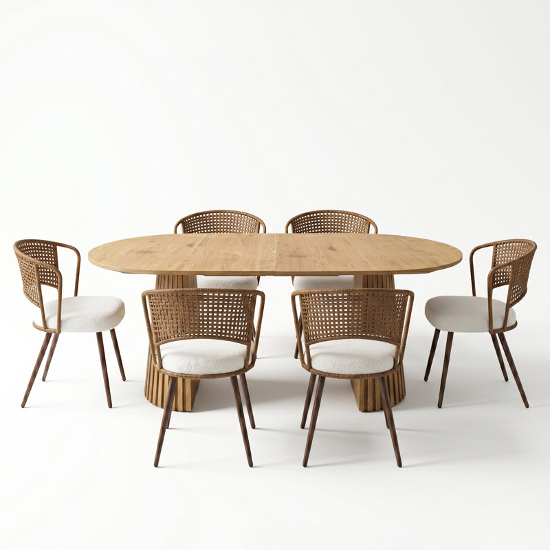 7-Piece Extendable Oval Dining Table Set With 6 Rattan Cane Back Upholstered Chairs, Walnut