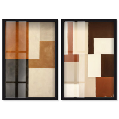 Tonal Grid Duo Shadowbox Print Boho Gold Wall Decor Set by Art Remedy, Blonde Frame, 36 x 54