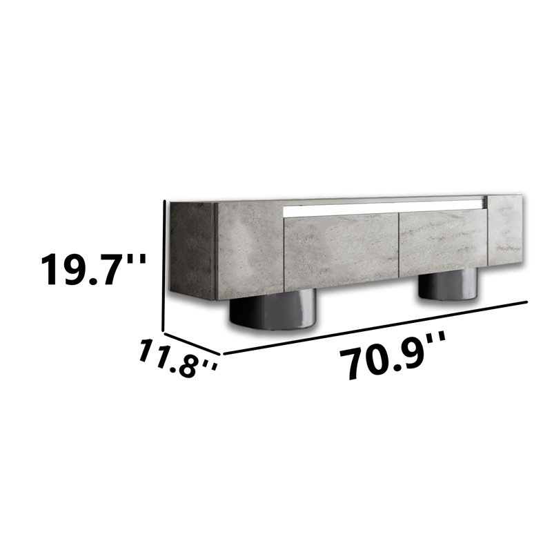 Metal Sheet Legs Unique TV Stand For Tvs Up To 78'' With Reflective Stripe, Travertine/Silver