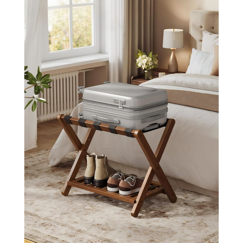 Porte-bagage en bois massif, sans assemblage requis, porte-valise pliable, porte-bagage, avec tablette de rangement, pour chambre d'amis, hôtel, chambre à coucher, brun café