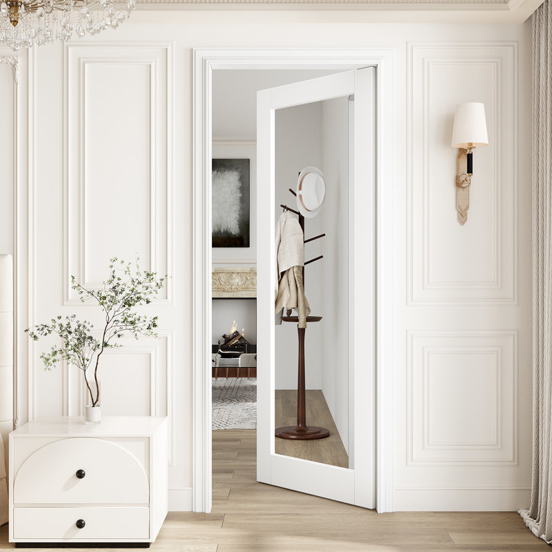 Porte de miroir 32 po x 80 po, porte de dalle d'intérieur 1-Lite Premium, porte de dalle blanche apprêtée prête à peindre, sans quincaillerie, parfaite pour la chambre à coucher, le placard, le couloir, le salon, le garde-manger et la salle de bain, idéale pour la grange Poche, portes françaises et pliantes