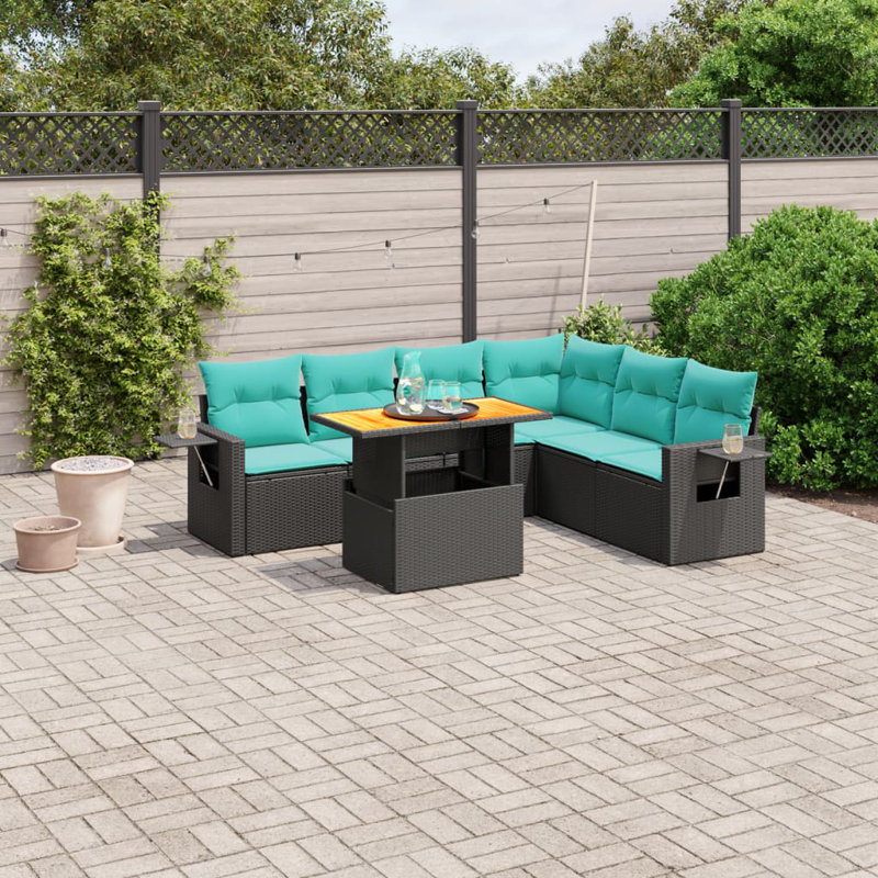  Ensemble de canapé de patio 7 pièces avec coussins en rotin de polyester, Noir, Vert