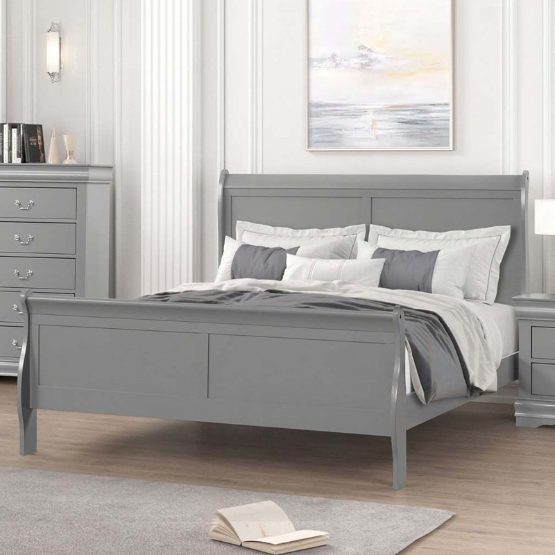 Lit-bateau en bois, Gris, Grand lit