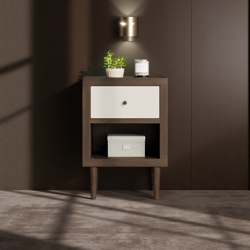 Table de chevet 1 tiroir, Blanc/noyer