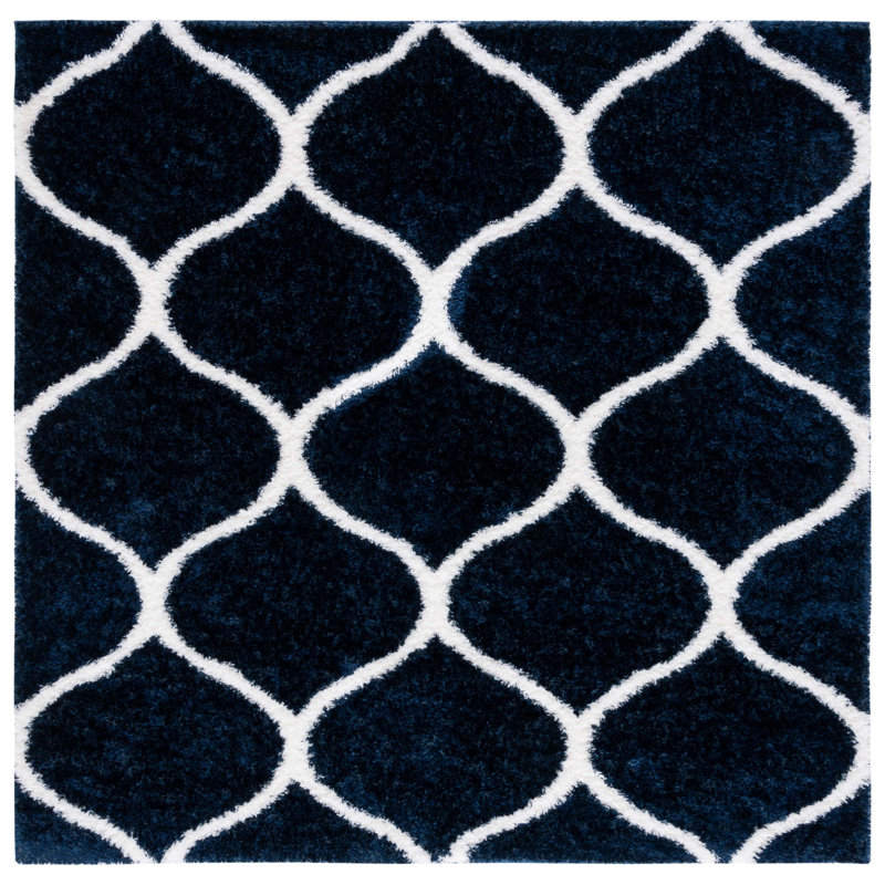 Geometric Power Loom Navy/White Area Rug, Square 6'7"